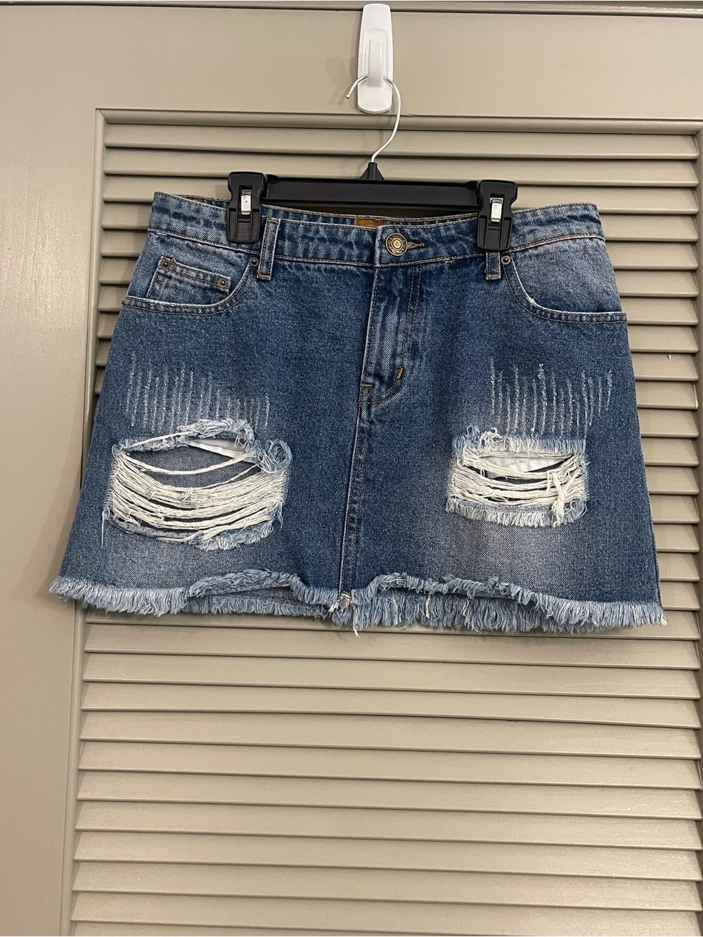 POL Distressed Blue Denim Mini Skirt with Frayed Hem